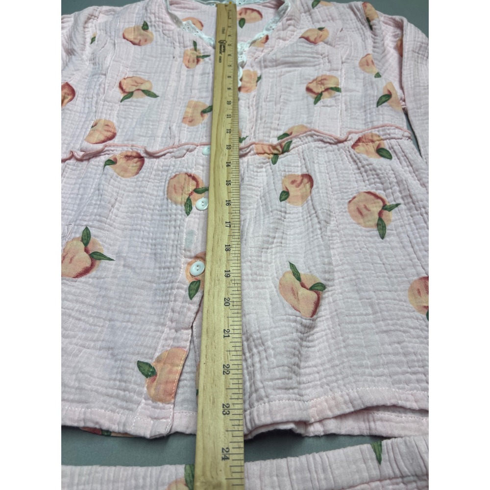 Pink Peach Print Cotton Gauze Pajama Set Lace Trim Long Sleeve Pants M - Picture 4 of 7